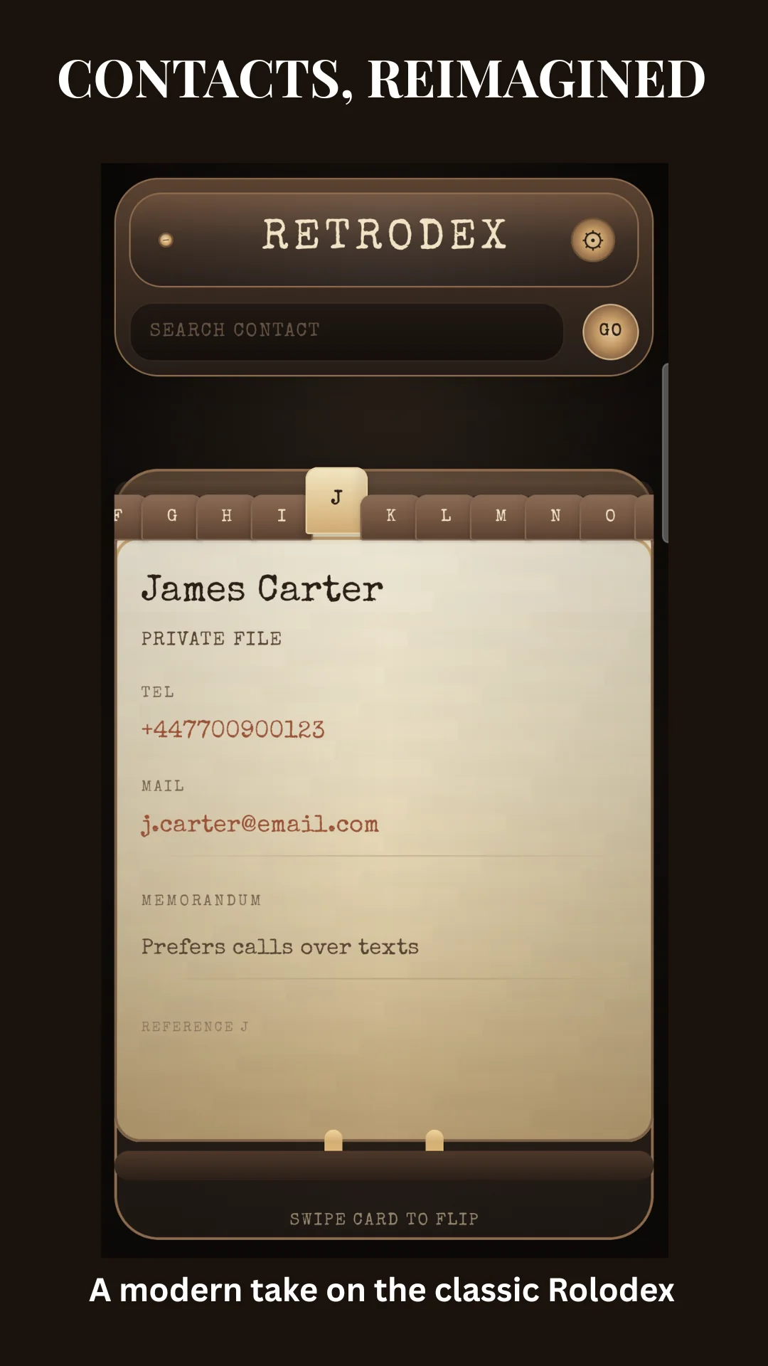 RetroDex contacts promotional app screen