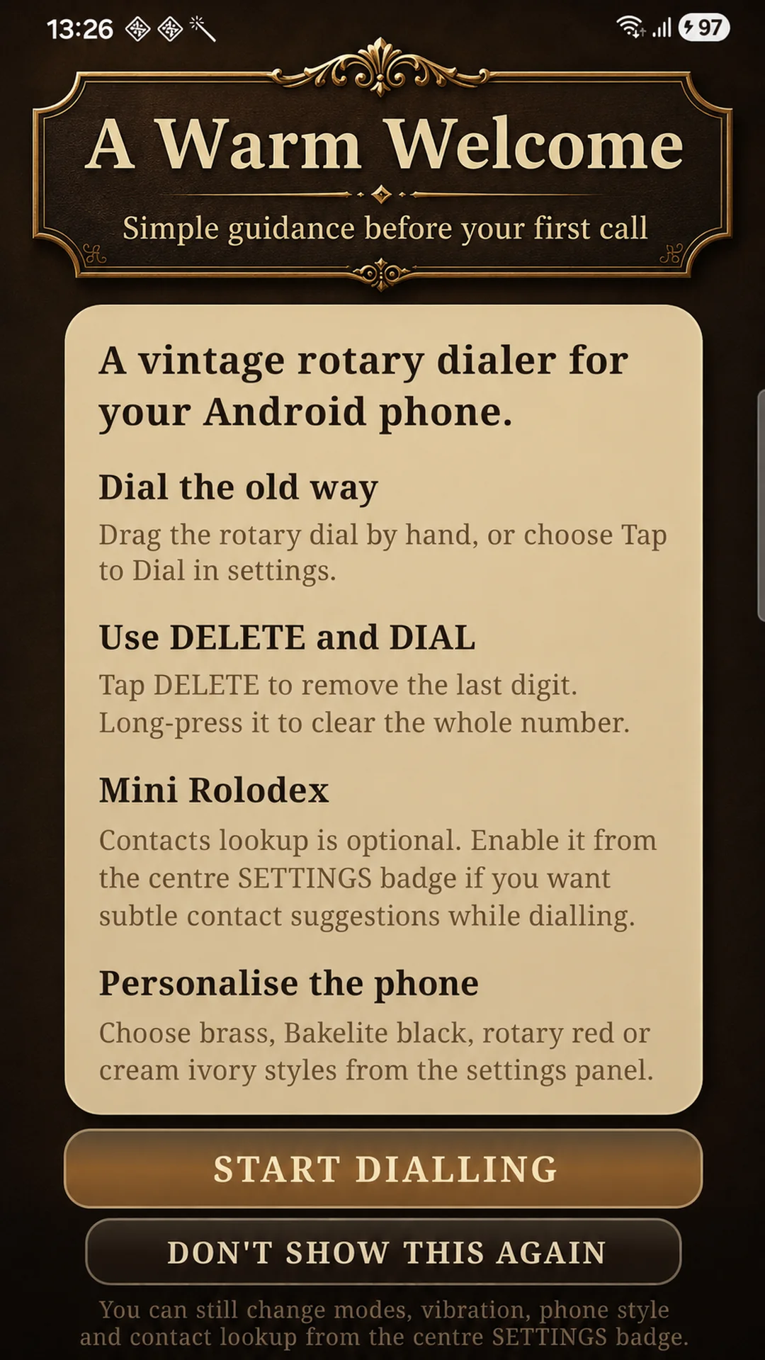 Brass Dial welcome screen