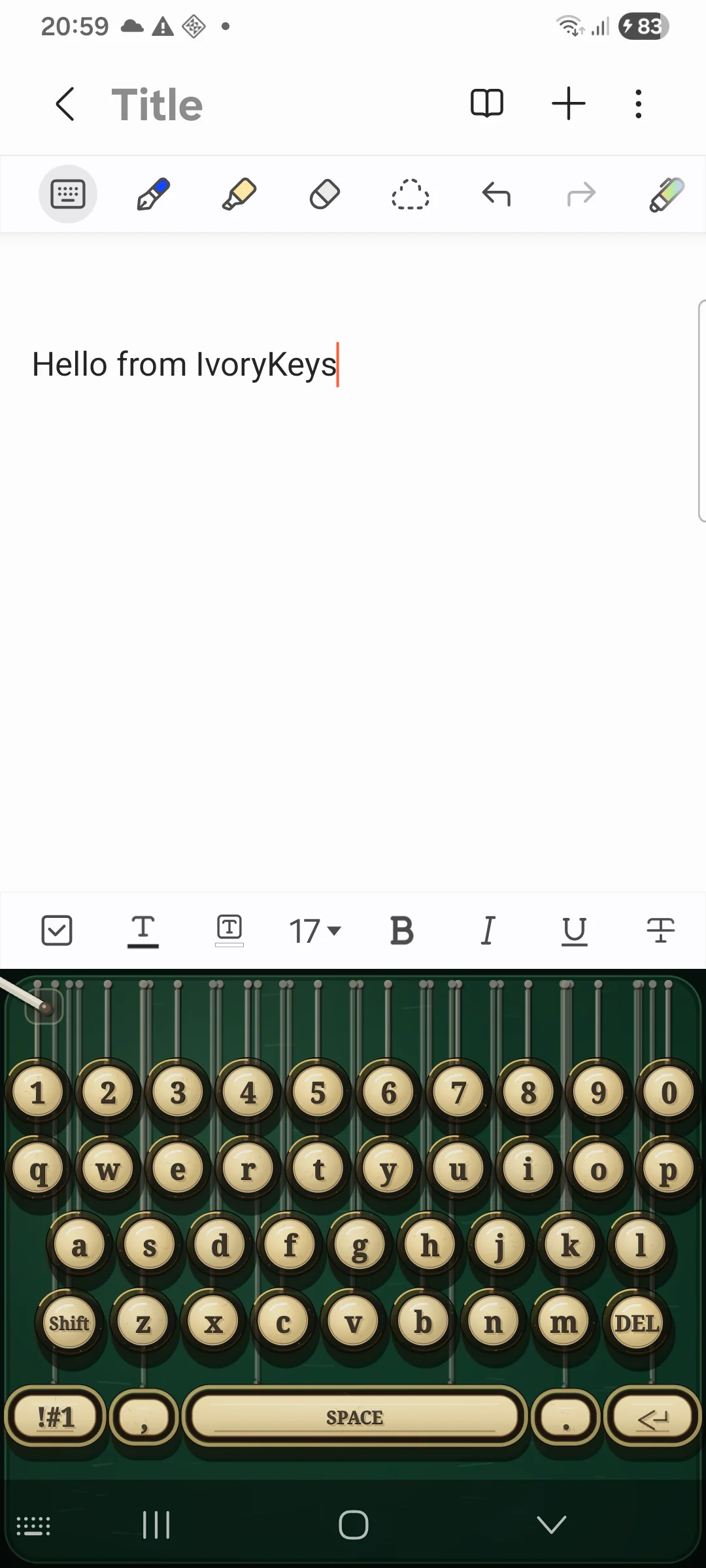 IvoryKeys keyboard in an Android note editor