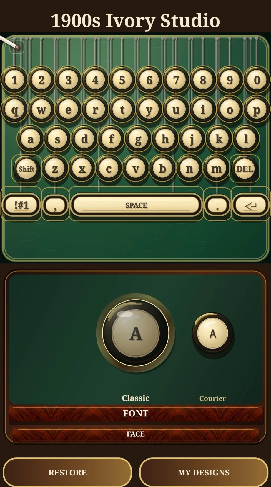 Genuine 1900s Ivory Studio screenshot showing keyboard preview, illustrated font options, and walnut control drawers